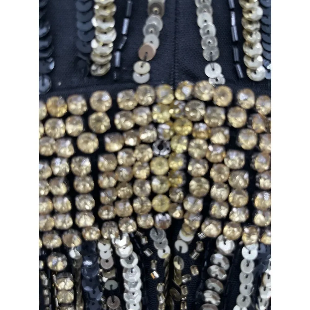 Mac Duggal 93582‎ Flare Sleeve Embellished Dress Black Gold Cap Sleeve - flaws - Picture 9 of 11